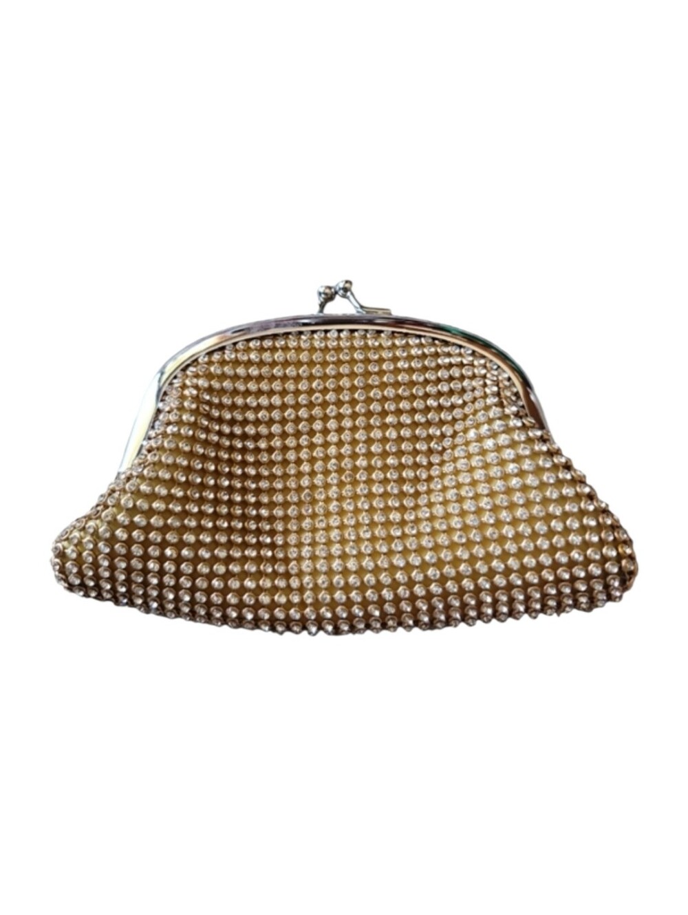 Change purse gold fabric w clear rhinestones mesh overlay